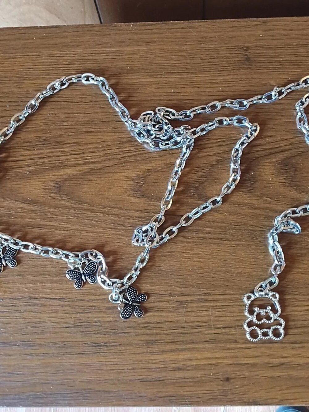 BOMAI Y2K Silver Tone Butterfly Waist Chain Belt Teddy Bear Charm Adjustable NEW